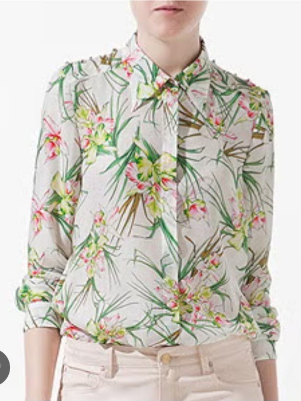 ZARA 100% Silk Tropical Floral Long Sleeve Blouse - Size L